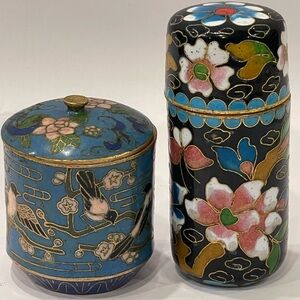 Antique Chinese Cloisonné Enamel and Brass MINI Trinket 2 Boxes Birds & Flowers
